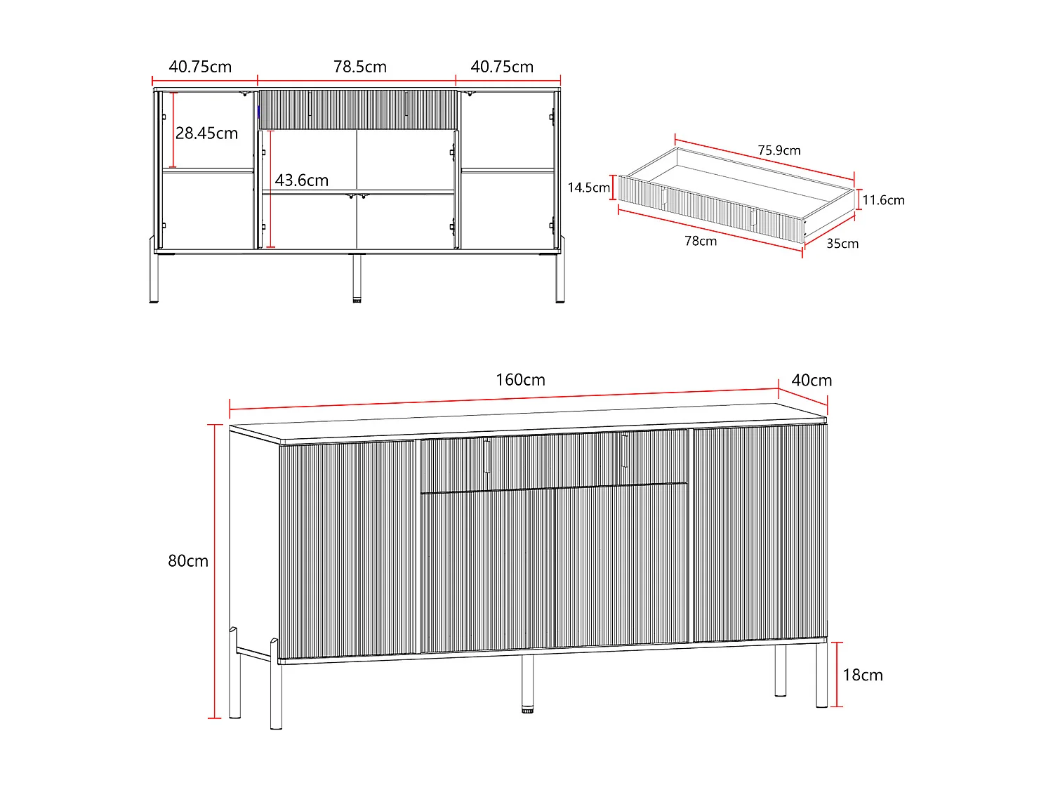 Buffet de Salon avec 4 Portes et 1 Tiroir, Meuble de Rangement avec Pieds en Métal , Salon Chambre Bureau, 160x40x80cm, Blanc