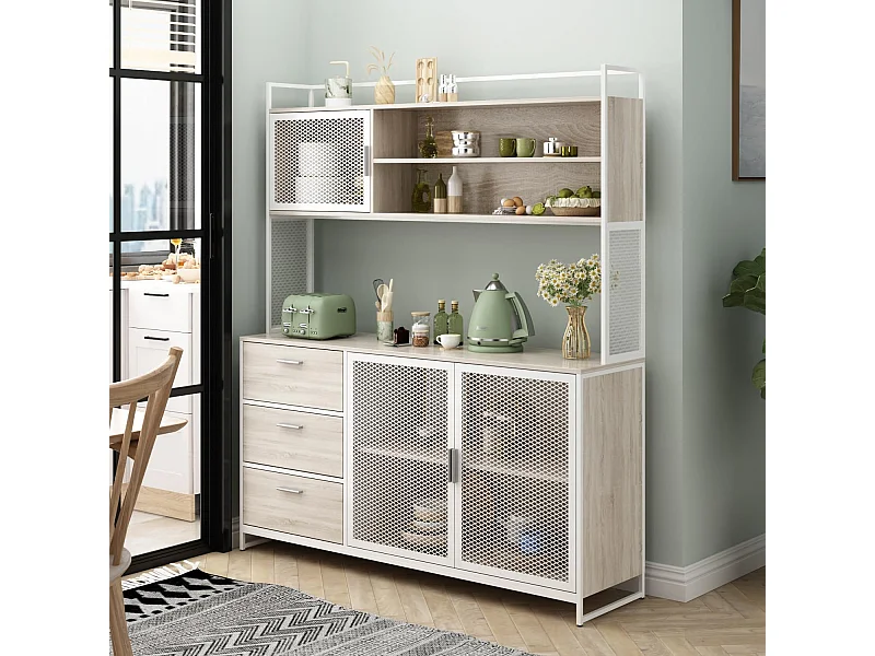 Buffet de cuisine avec plan de travail Vitrine avec étagères 3 portes en métal 3 tiroirs 174x150x40cm Blanc