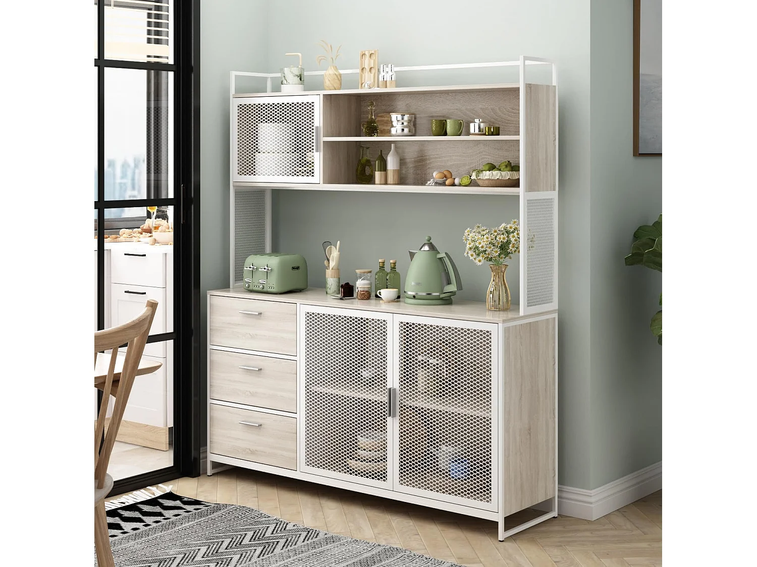 Buffet de cuisine avec plan de travail Vitrine avec étagères 3 portes en métal 3 tiroirs 174x150x40cm Blanc