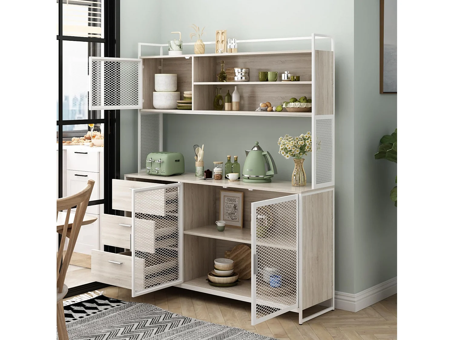 Buffet de cuisine avec plan de travail Vitrine avec étagères 3 portes en métal 3 tiroirs 174x150x40cm Blanc