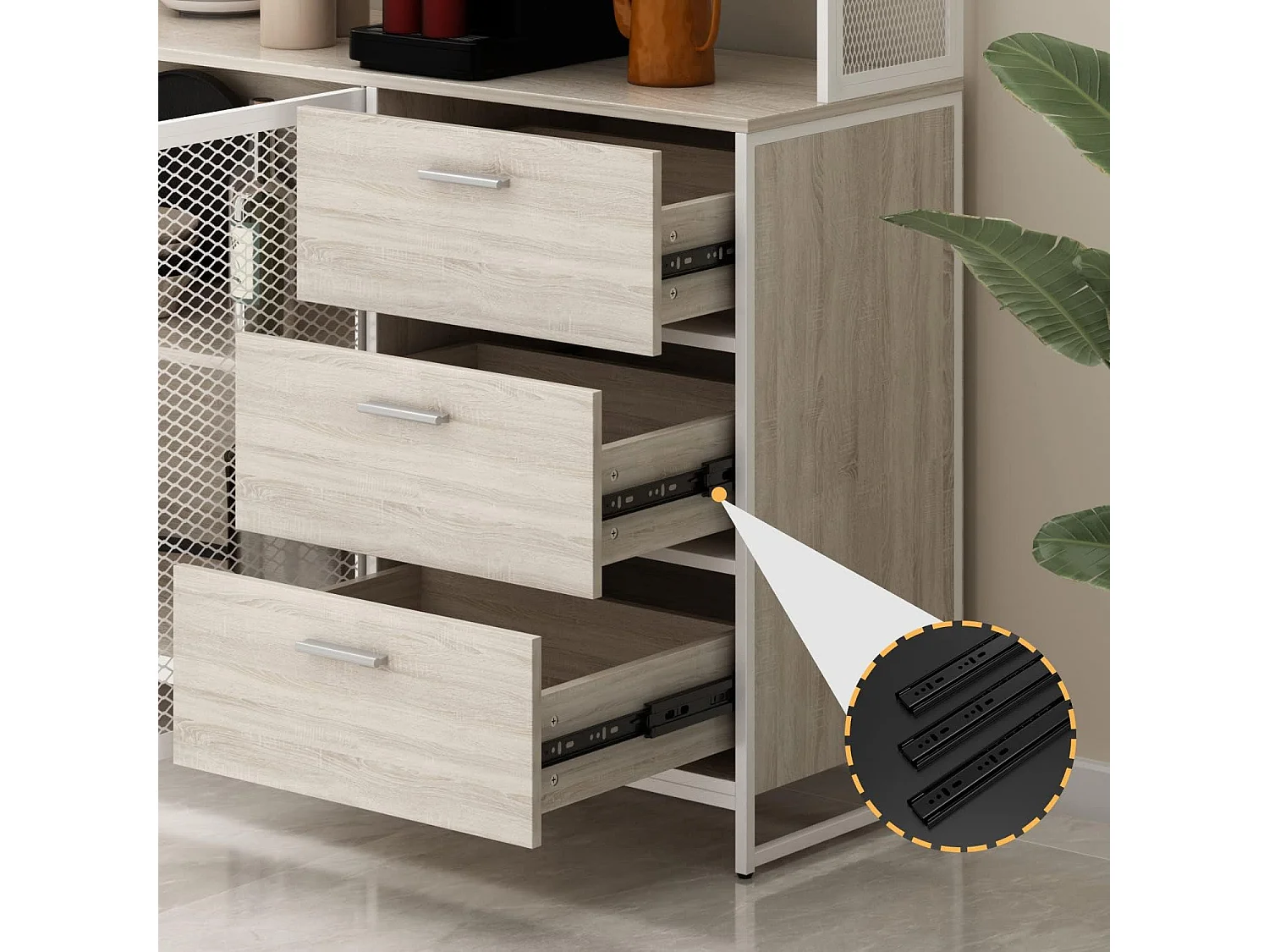 Buffet de cuisine avec plan de travail Vitrine avec étagères 3 portes en métal 3 tiroirs 174x150x40cm Blanc