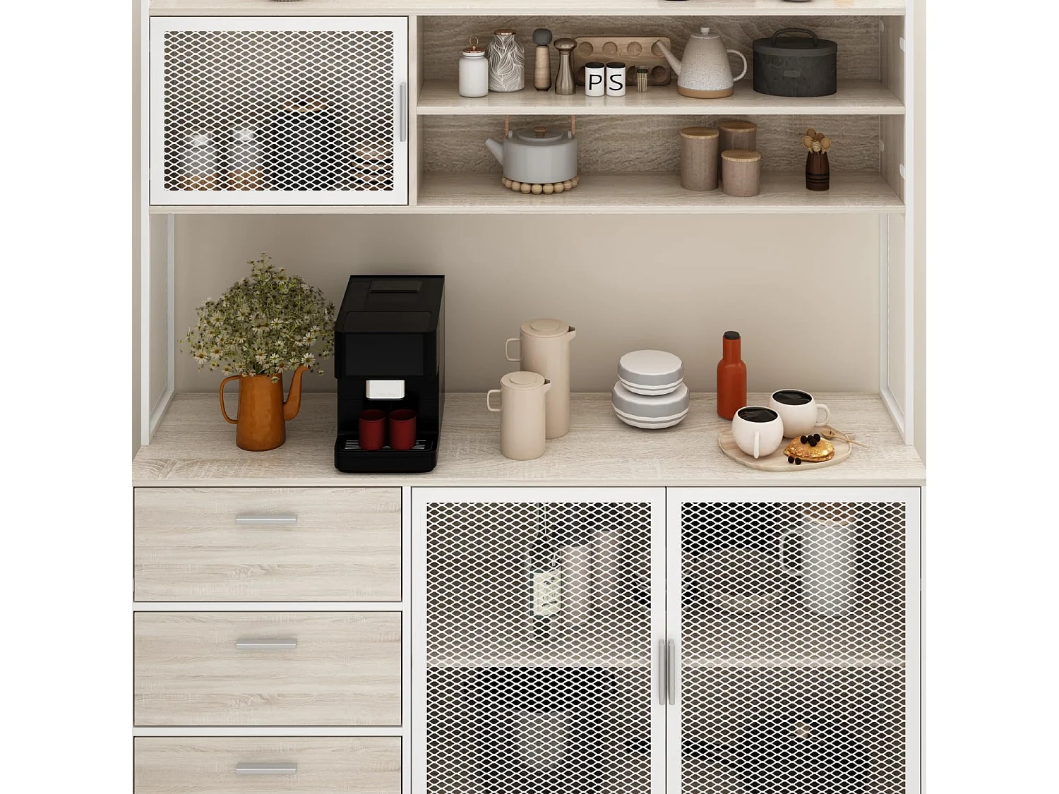 Buffet de cuisine avec plan de travail Vitrine avec étagères 3 portes en métal 3 tiroirs 174x150x40cm Blanc