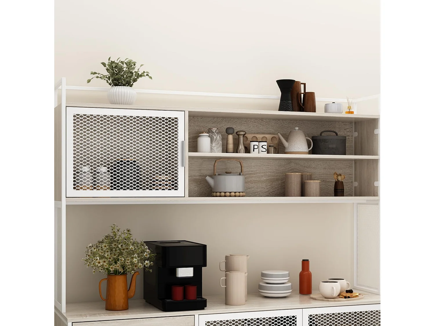 Buffet de cuisine avec plan de travail Vitrine avec étagères 3 portes en métal 3 tiroirs 174x150x40cm Blanc