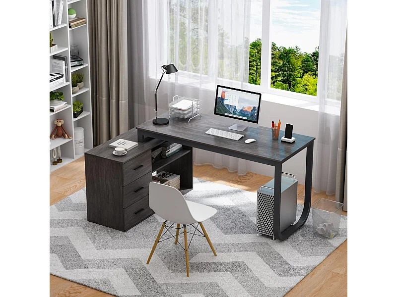 Bureau d'angle en Forme de L Bureau informatique pieds en acier 2 étagères Gris foncé 140x60x75cm
