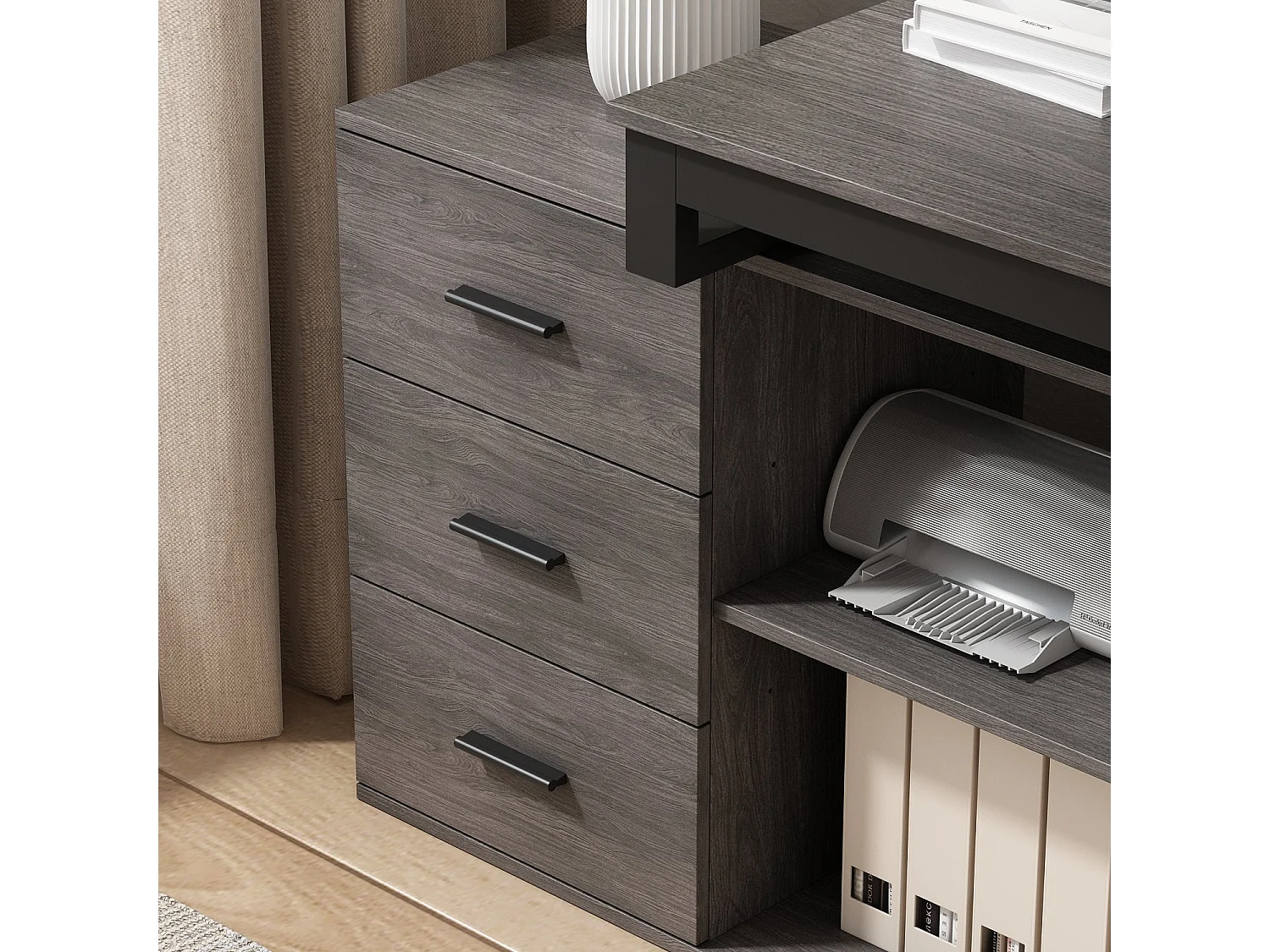 Bureau d'angle en Forme de L Bureau informatique pieds en acier 2 étagères Gris foncé 140x60x75cm