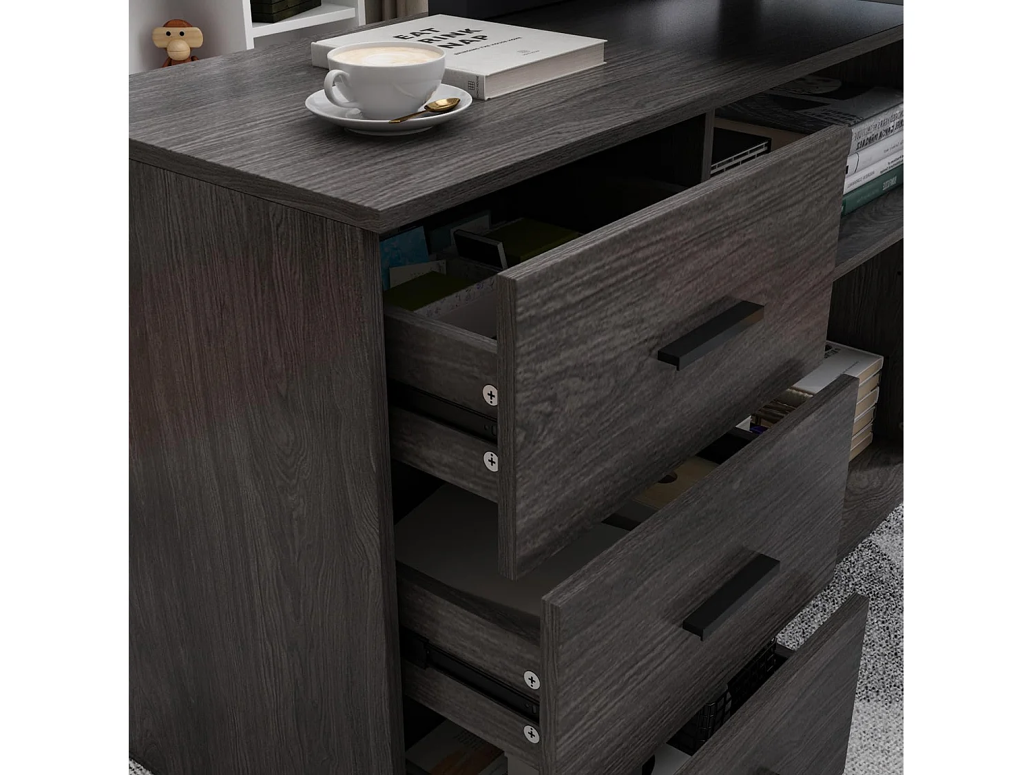 Bureau d'angle en Forme de L Bureau informatique pieds en acier 2 étagères Gris foncé 140x60x75cm