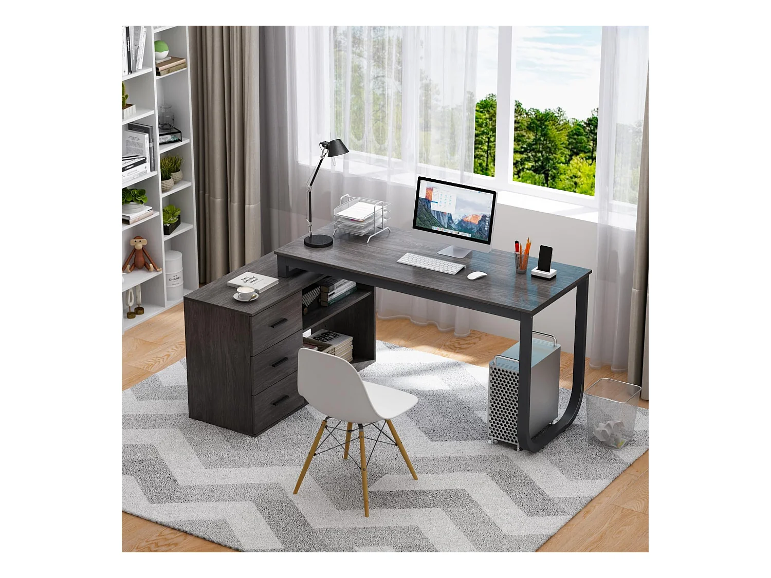 Bureau d'angle en Forme de L Bureau informatique pieds en acier 2 étagères Gris foncé 140x60x75cm