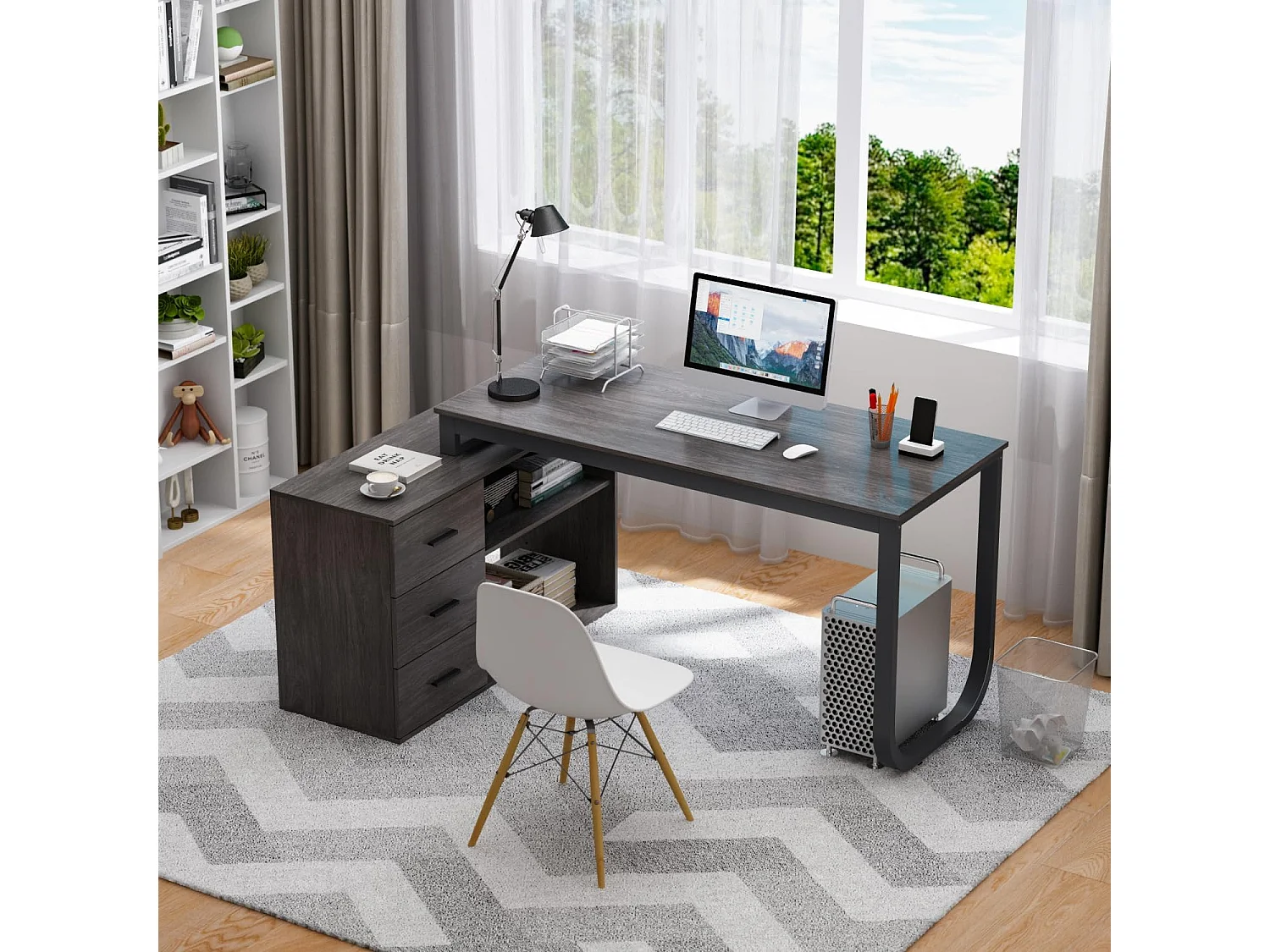 Bureau d'angle en Forme de L Bureau informatique pieds en acier 2 étagères Gris foncé 140x60x75cm