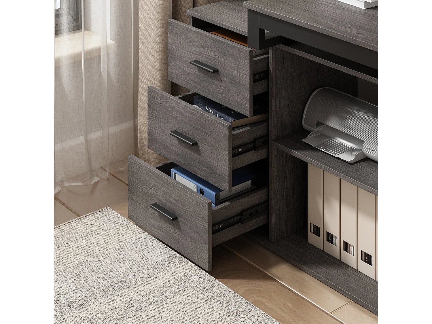 Bureau d'angle en Forme de L Bureau informatique pieds en acier 2 étagères Gris foncé 140x60x75cm