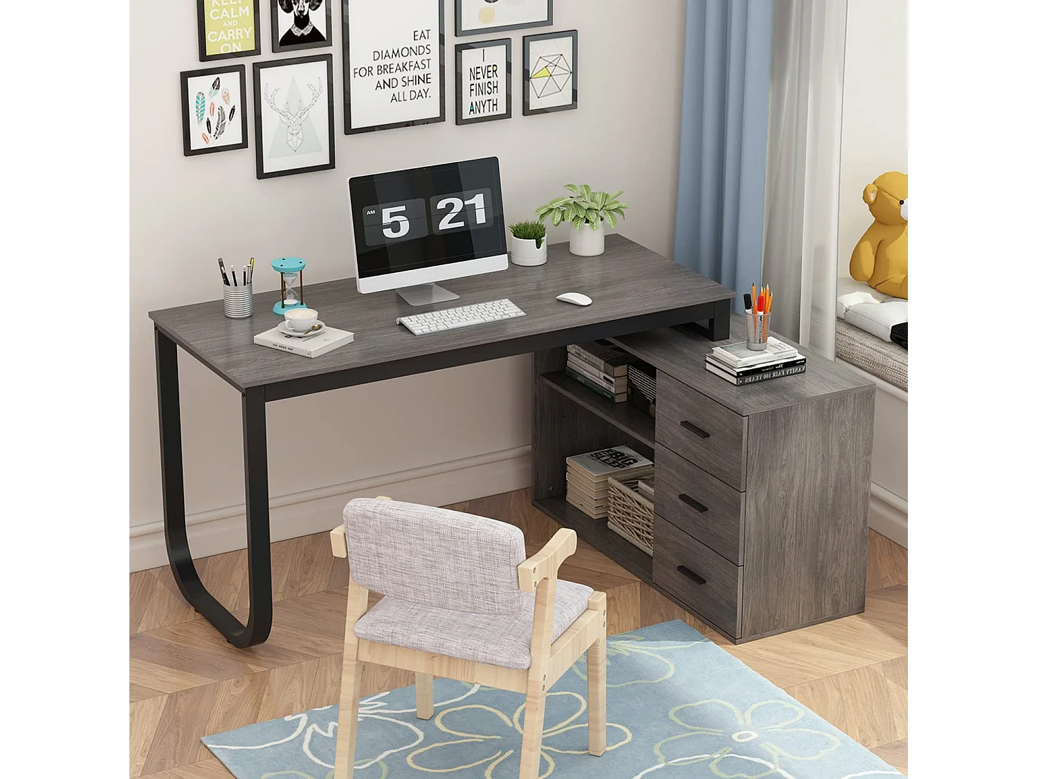 Bureau d'angle en Forme de L Bureau informatique pieds en acier 2 étagères Gris foncé 140x60x75cm