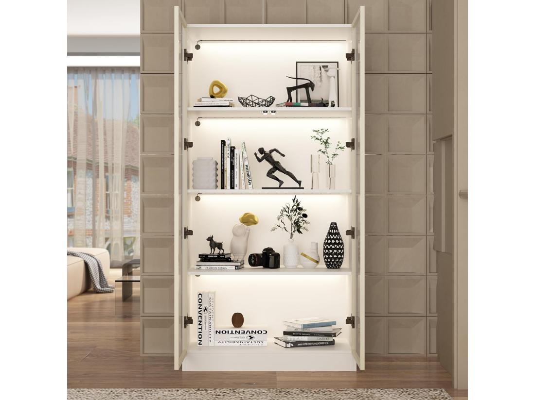 vente unique Vitrine avec LED et Portes en Verre Meuble de Rangement en Verre Debout avec 4 étagères Design Pop-up 80x40x160cm Blanche