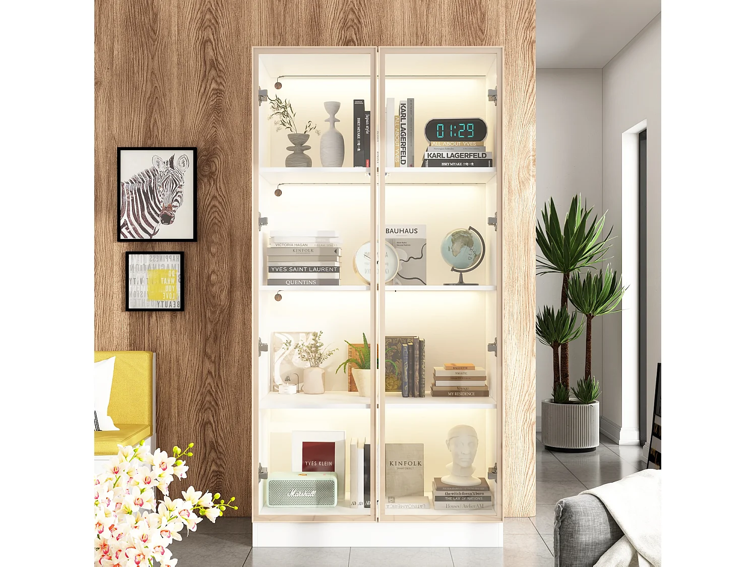 Vitrine met LED en Glazen Deuren Staande Glazen Opbergkast met 4 Pop-up Design Planken 80x40x160cm Wit