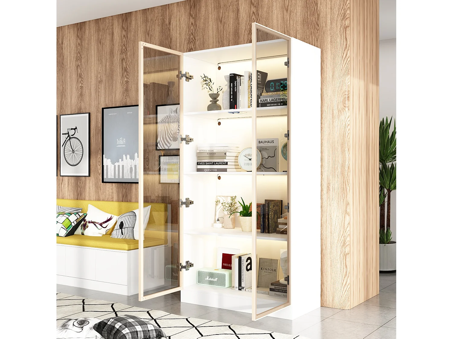 Vitrine met LED en Glazen Deuren Staande Glazen Opbergkast met 4 Pop-up Design Planken 80x40x160cm Wit