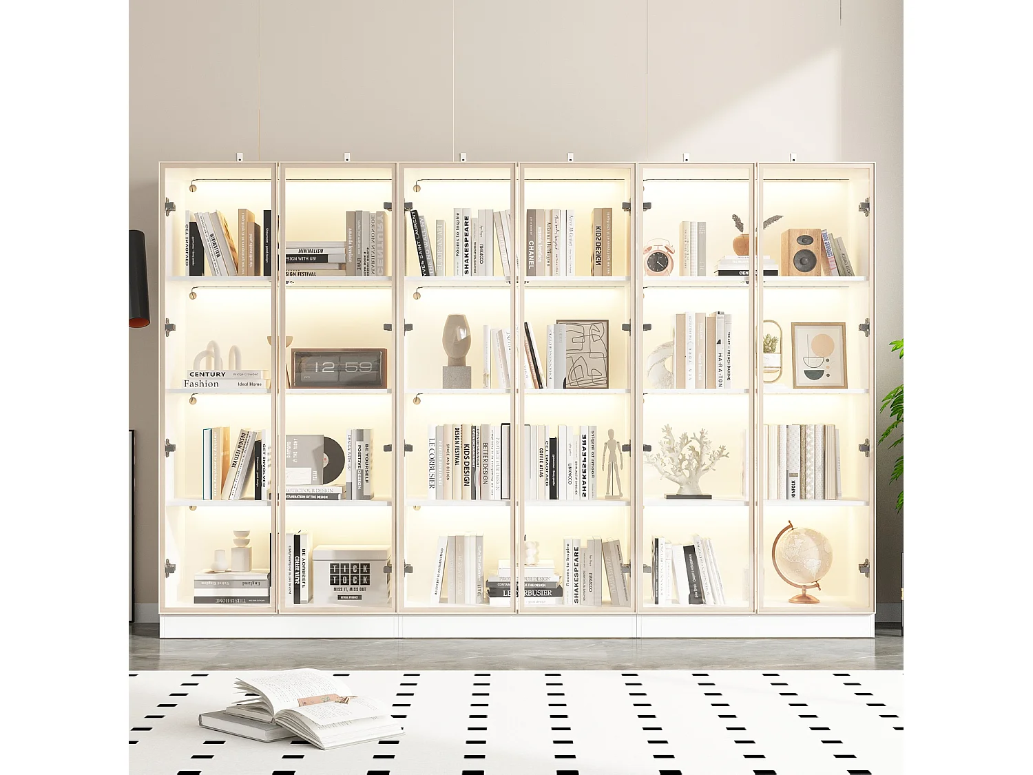 Vitrine met LED en Glazen Deuren Staande Glazen Opbergkast met 4 Pop-up Design Planken 80x40x160cm Wit