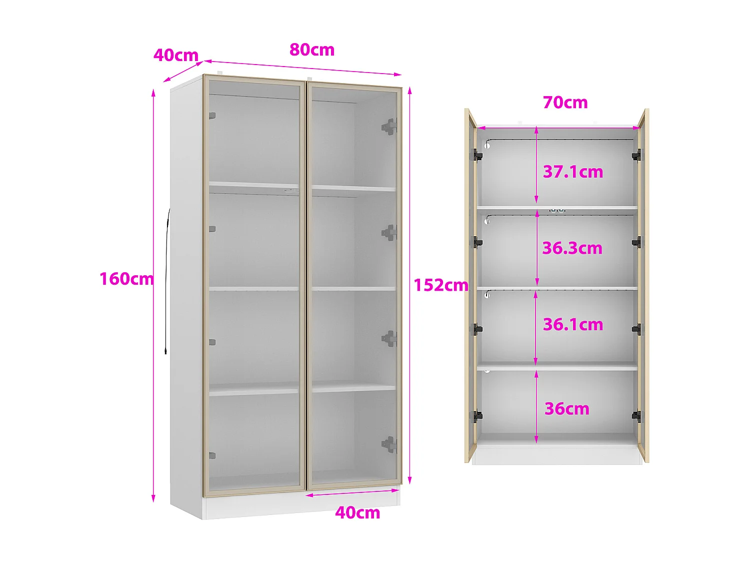 Vitrine avec LED 3 couleurs - 2 portes et à 4 niveaux - push to open, 80x40x160cm, blanc