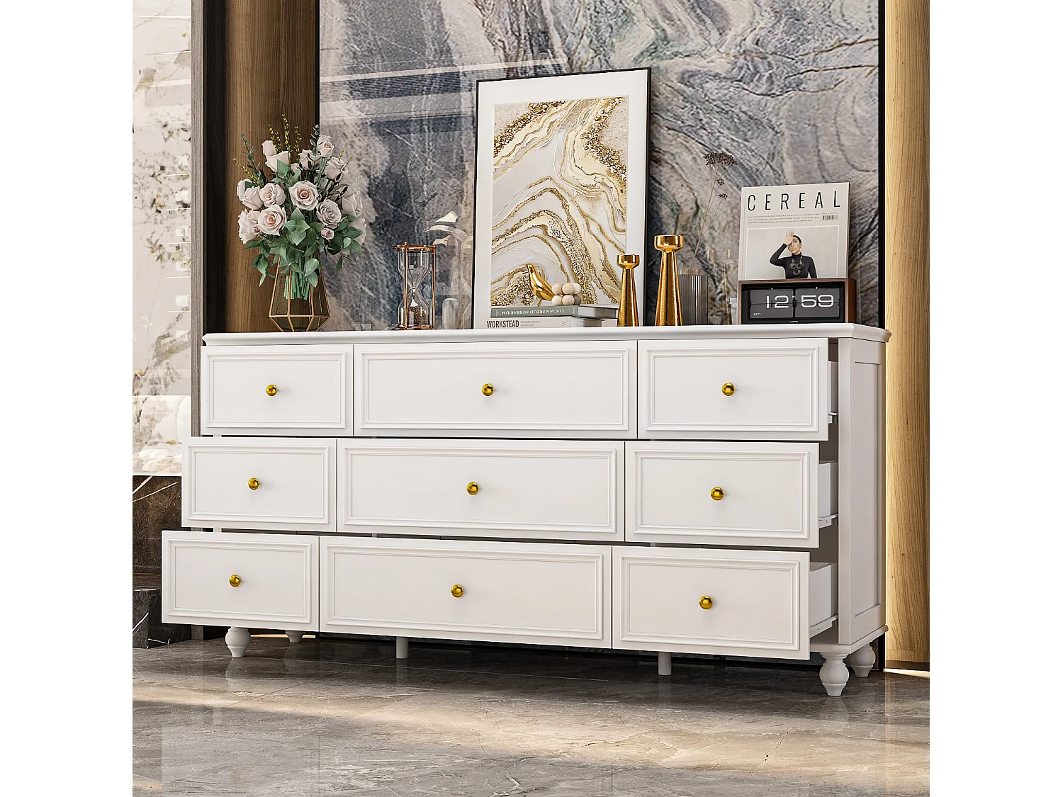Grande commode avec 9 Tiroirs pour Chambre et Salon, Armoire de Chambre Sculptée avec Poignées Dorées, 160x40x80, Blanc