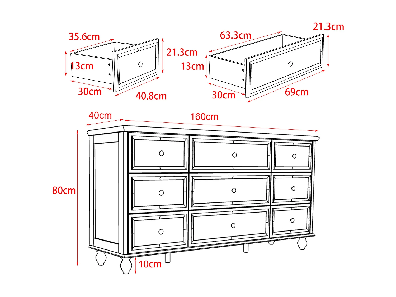 Grande commode avec 9 Tiroirs pour Chambre et Salon, Armoire de Chambre Sculptée avec Poignées Dorées, 160x40x80, Blanc