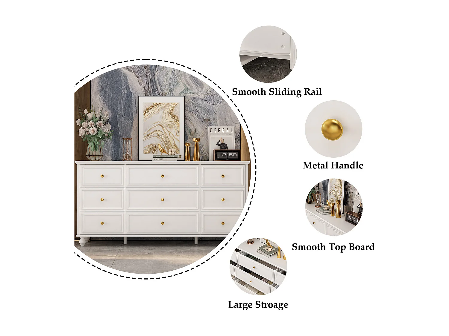 Grande commode avec 9 Tiroirs pour Chambre et Salon, Armoire de Chambre Sculptée avec Poignées Dorées, 160x40x80, Blanc