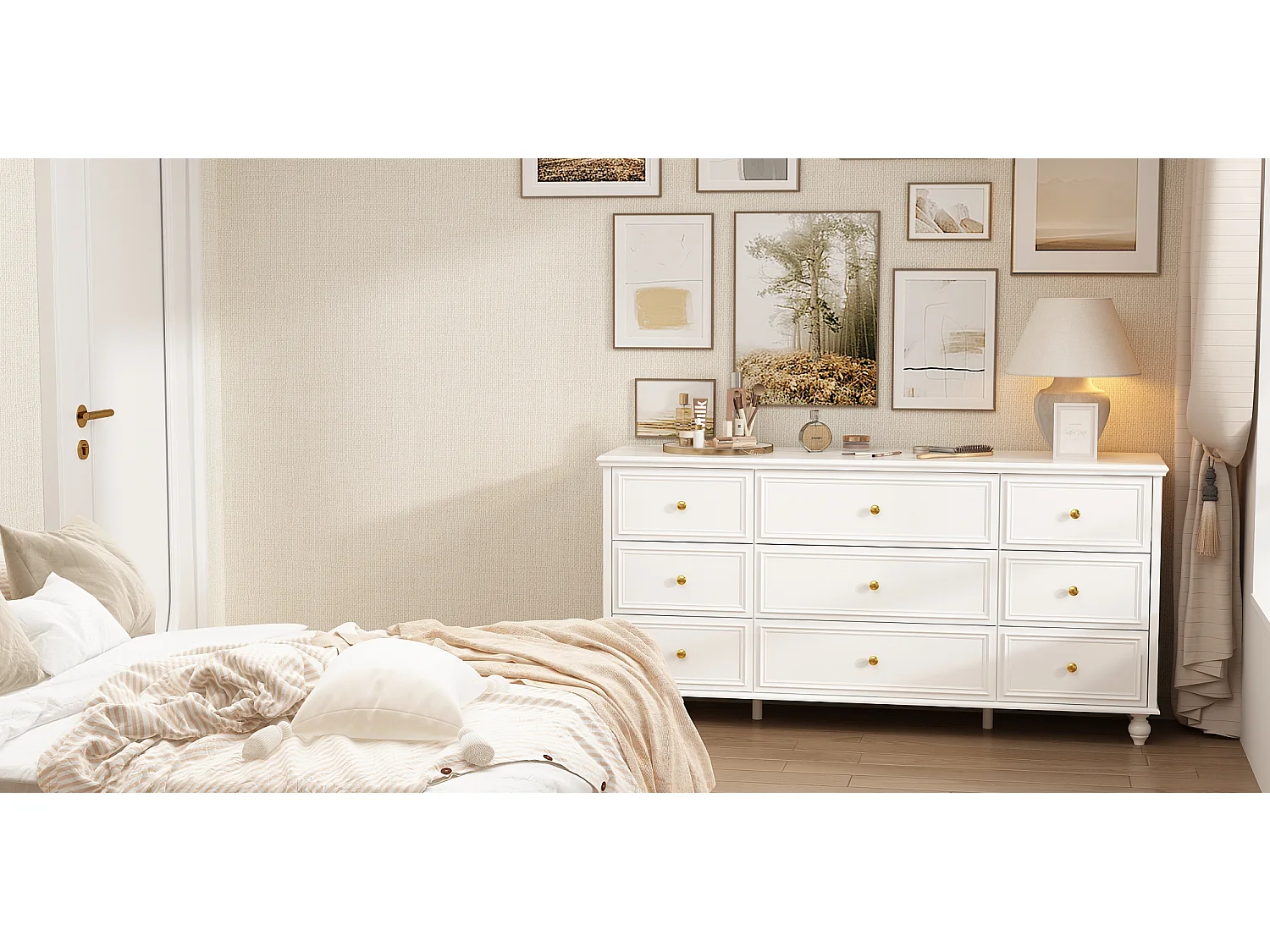 Grande commode avec 9 Tiroirs pour Chambre et Salon, Armoire de Chambre Sculptée avec Poignées Dorées, 160x40x80, Blanc