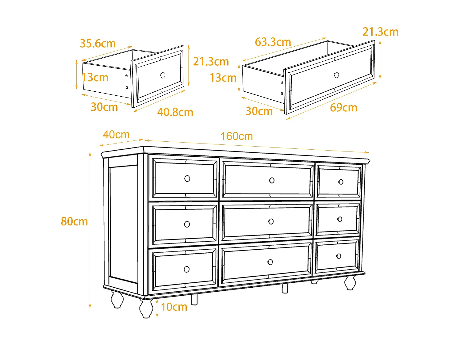 Grande commode avec 9 Tiroirs pour Chambre et Salon, Armoire de Chambre Sculptée avec Poignées Dorées, 160x40x80, Blanc