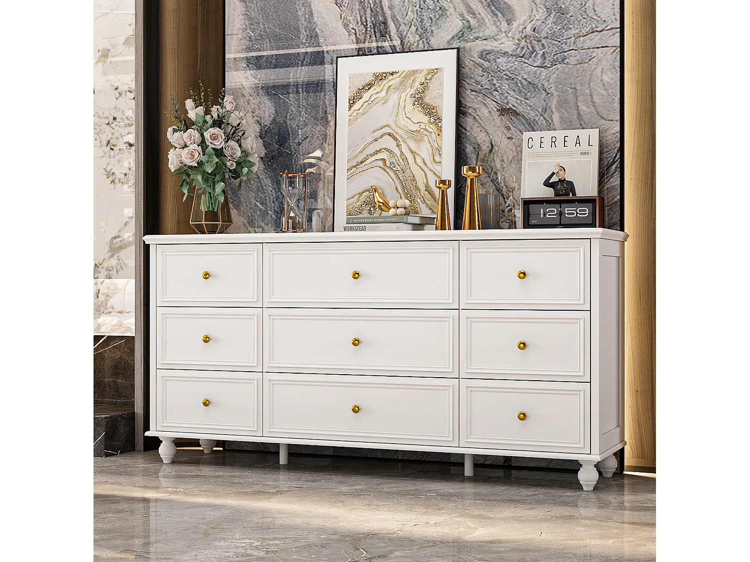 Grande commode avec 9 Tiroirs pour Chambre et Salon, Armoire de Chambre Sculptée avec Poignées Dorées, 160x40x80, Blanc