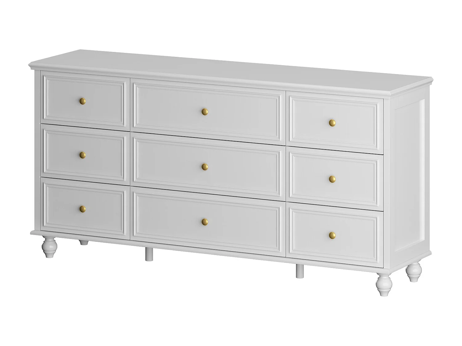 Grande commode avec 9 Tiroirs pour Chambre et Salon, Armoire de Chambre Sculptée avec Poignées Dorées, 160x40x80, Blanc