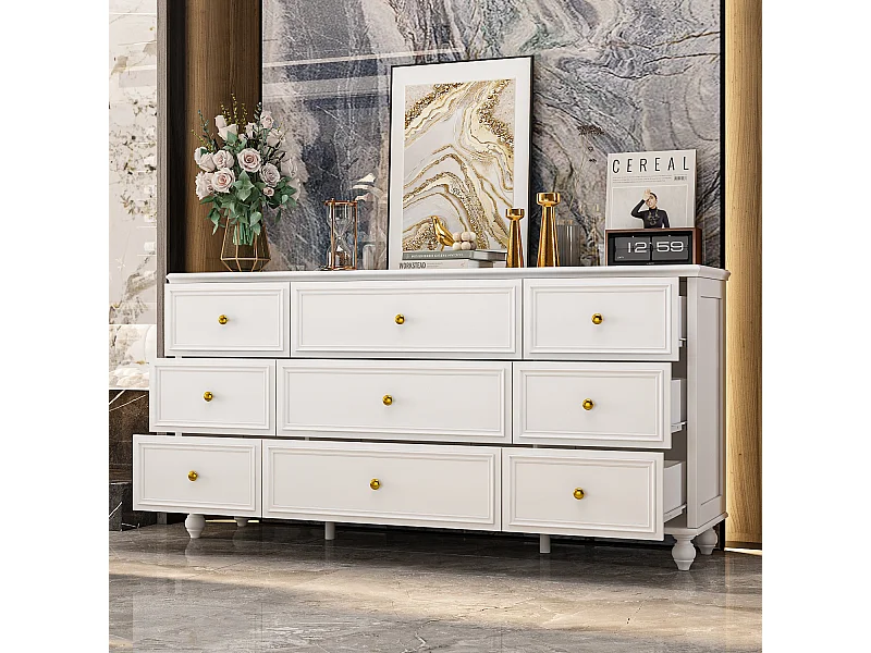 Grande commode avec 9 Tiroirs pour Chambre et Salon, Armoire de Chambre Sculptée avec Poignées Dorées, 160x40x80, Blanc