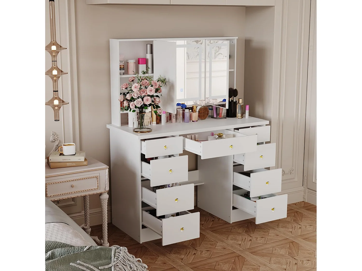 Coiffeuse avec éclairage LED et miroir rectangulaire surdimensionné 50x110x137cm Blanc