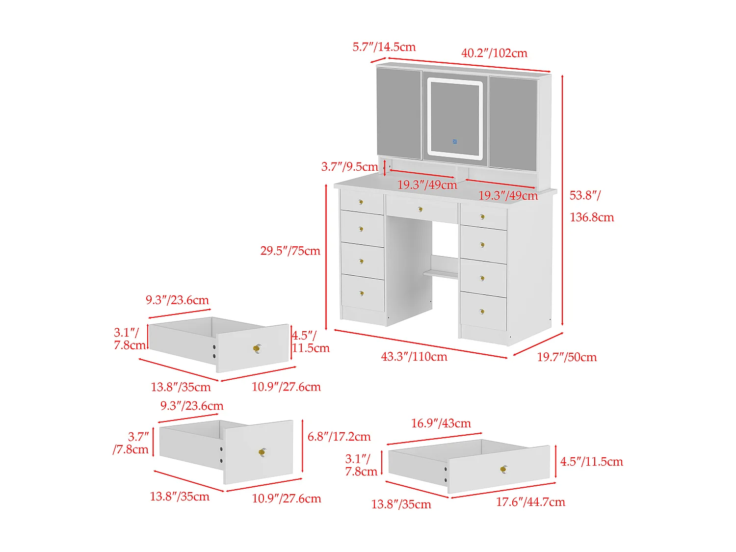 Coiffeuse avec éclairage LED et miroir rectangulaire surdimensionné 50x110x137cm Blanc