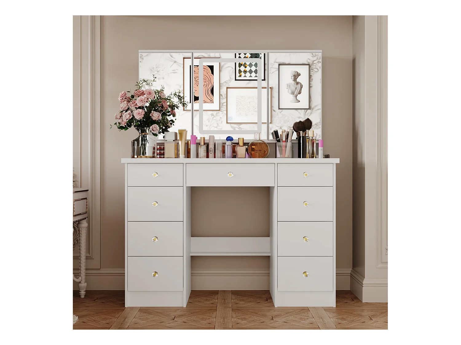 Coiffeuse avec éclairage LED et miroir rectangulaire surdimensionné 50x110x137cm Blanc