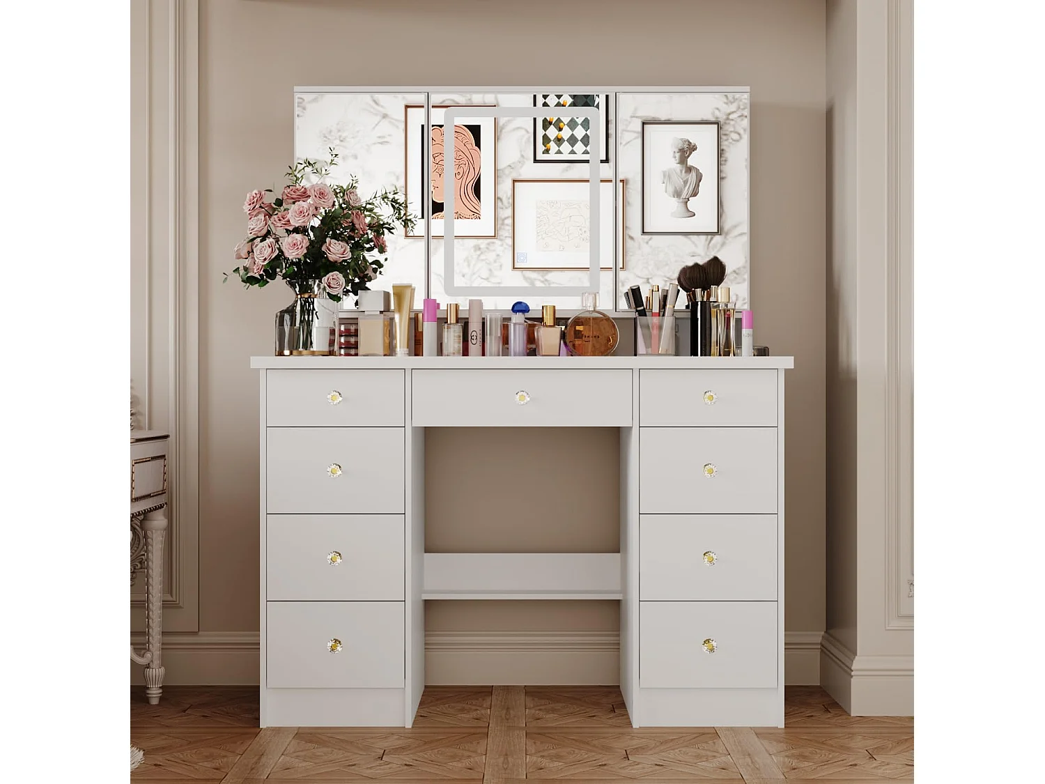 Coiffeuse avec éclairage LED et miroir rectangulaire surdimensionné 50x110x137cm Blanc