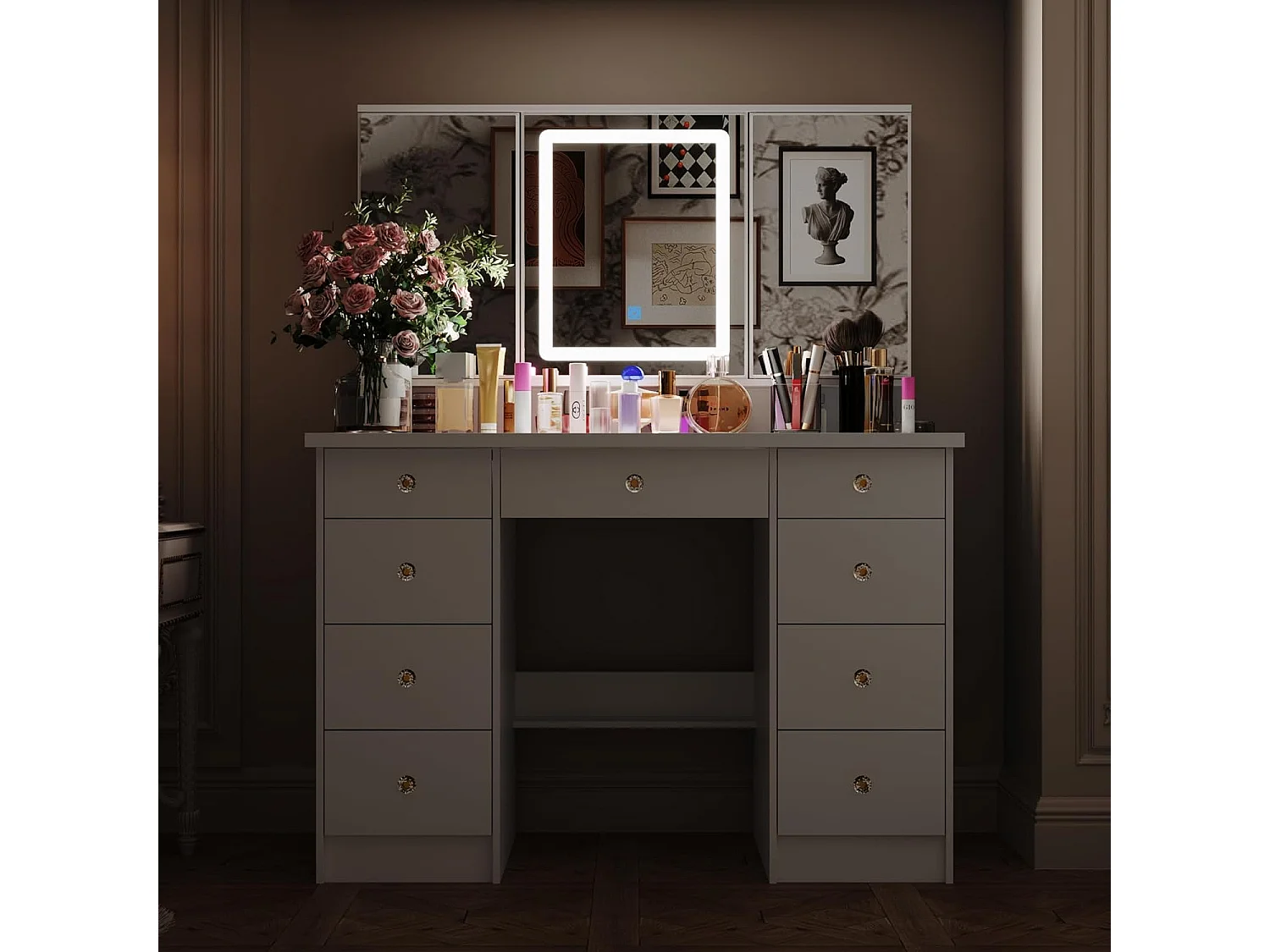 Coiffeuse avec éclairage LED et miroir rectangulaire surdimensionné 50x110x137cm Blanc