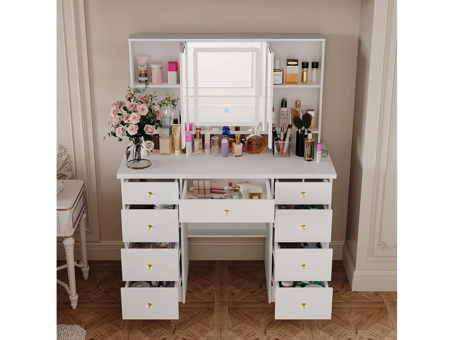 Coiffeuse avec éclairage LED et miroir rectangulaire surdimensionné 50x110x137cm Blanc