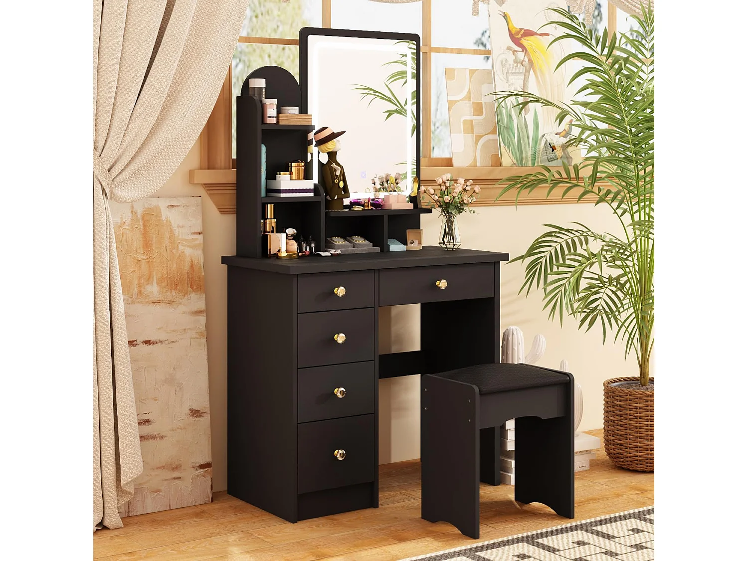 Coiffeuse avec Miroir LED réglable tiroirs Tabouret 80x40x140cm Noir