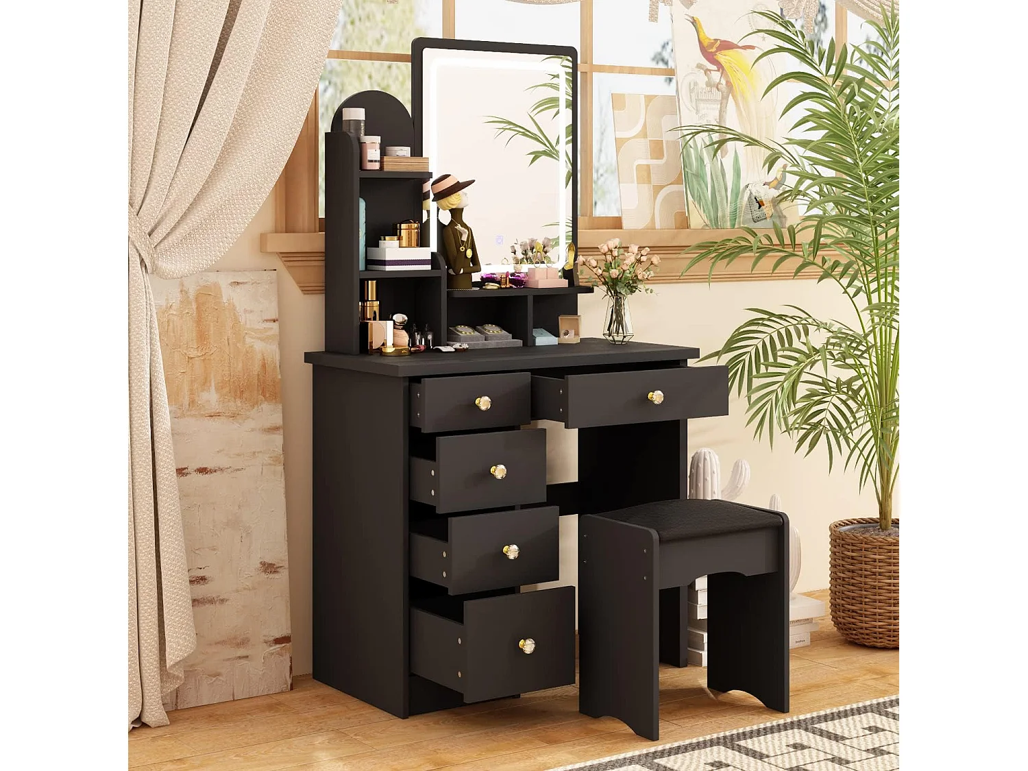 Coiffeuse avec Miroir LED réglable tiroirs Tabouret 80x40x140cm Noir