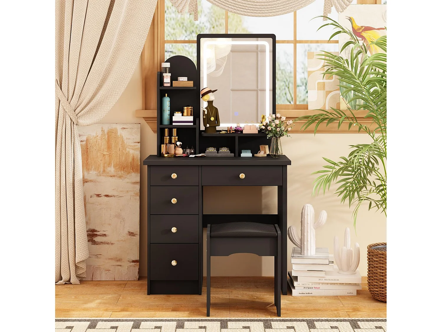 Coiffeuse avec Miroir LED réglable tiroirs Tabouret 80x40x140cm Noir