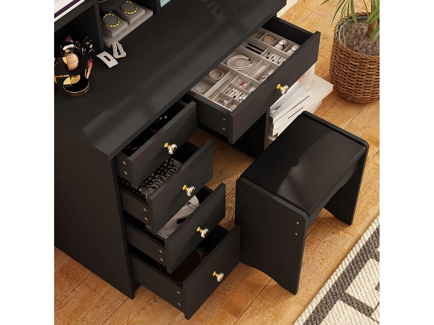 Coiffeuse avec Miroir LED réglable tiroirs Tabouret 80x40x140cm Noir