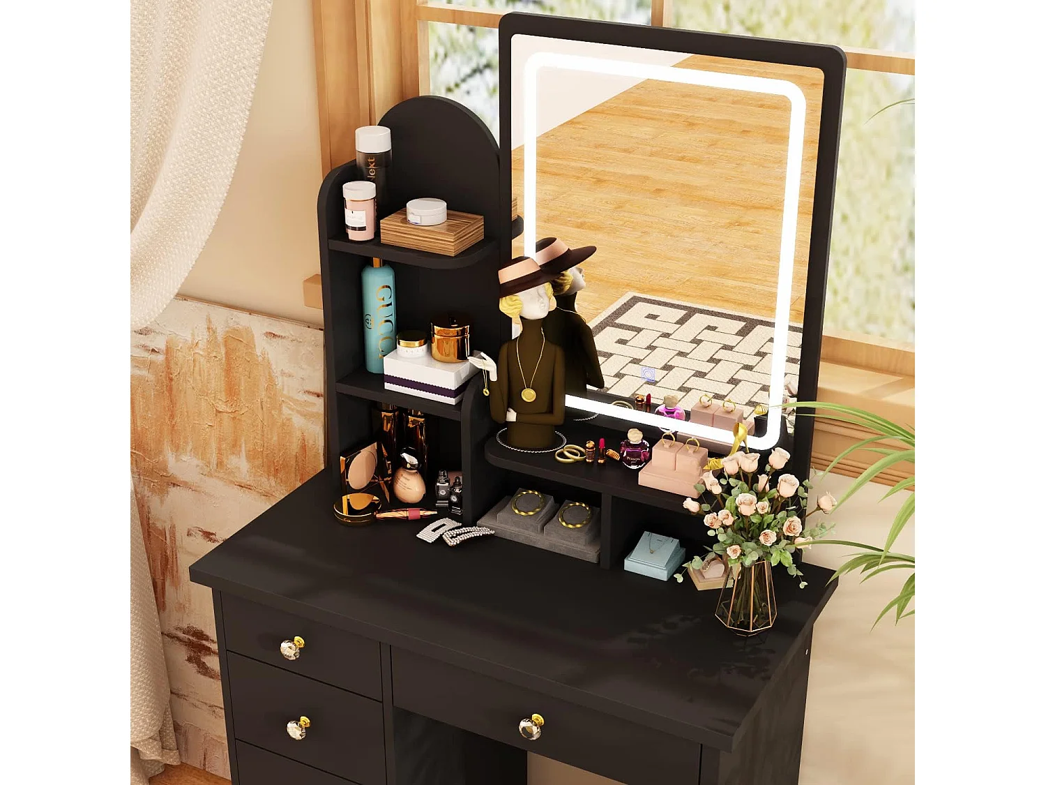 Coiffeuse avec Miroir LED réglable tiroirs Tabouret 80x40x140cm Noir