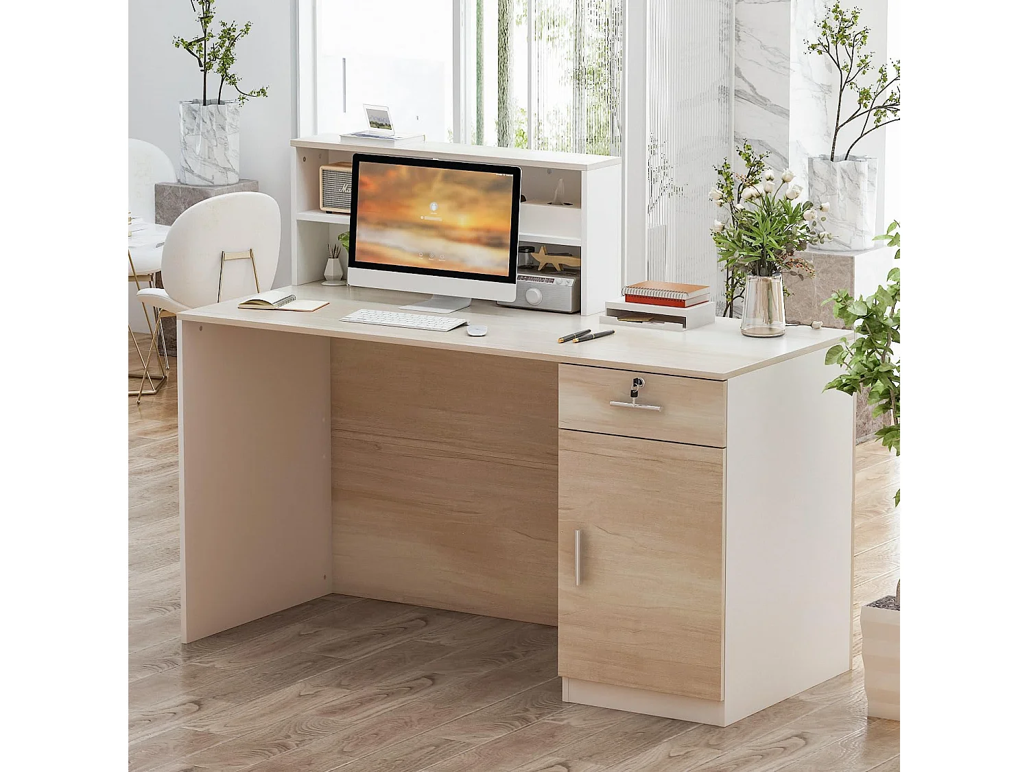 Comptoir de réception avec compartiments ouverts Tiroir verrouillable étagères Salon Bureau Bois&Blanc 140x60x110cm