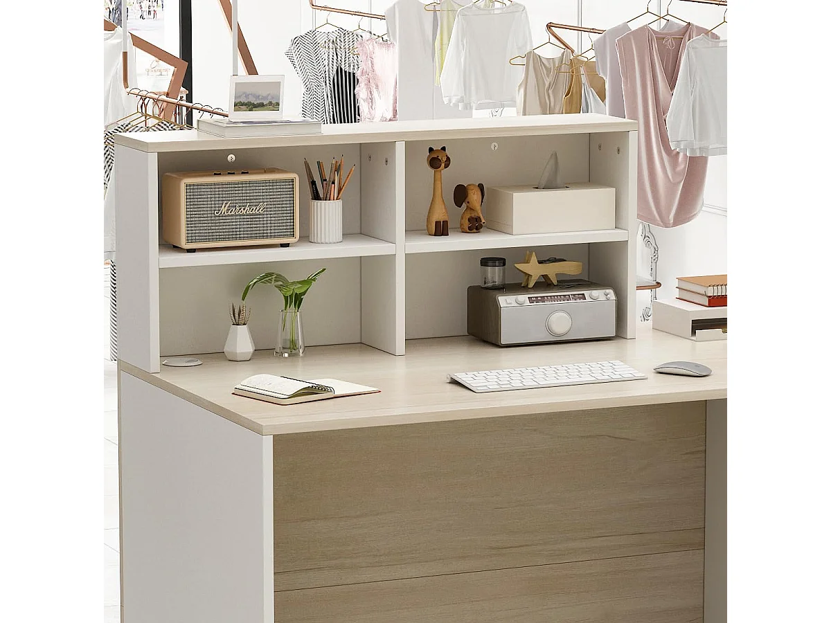 Comptoir de réception avec compartiments ouverts Tiroir verrouillable étagères Salon Bureau Bois&Blanc 140x60x110cm