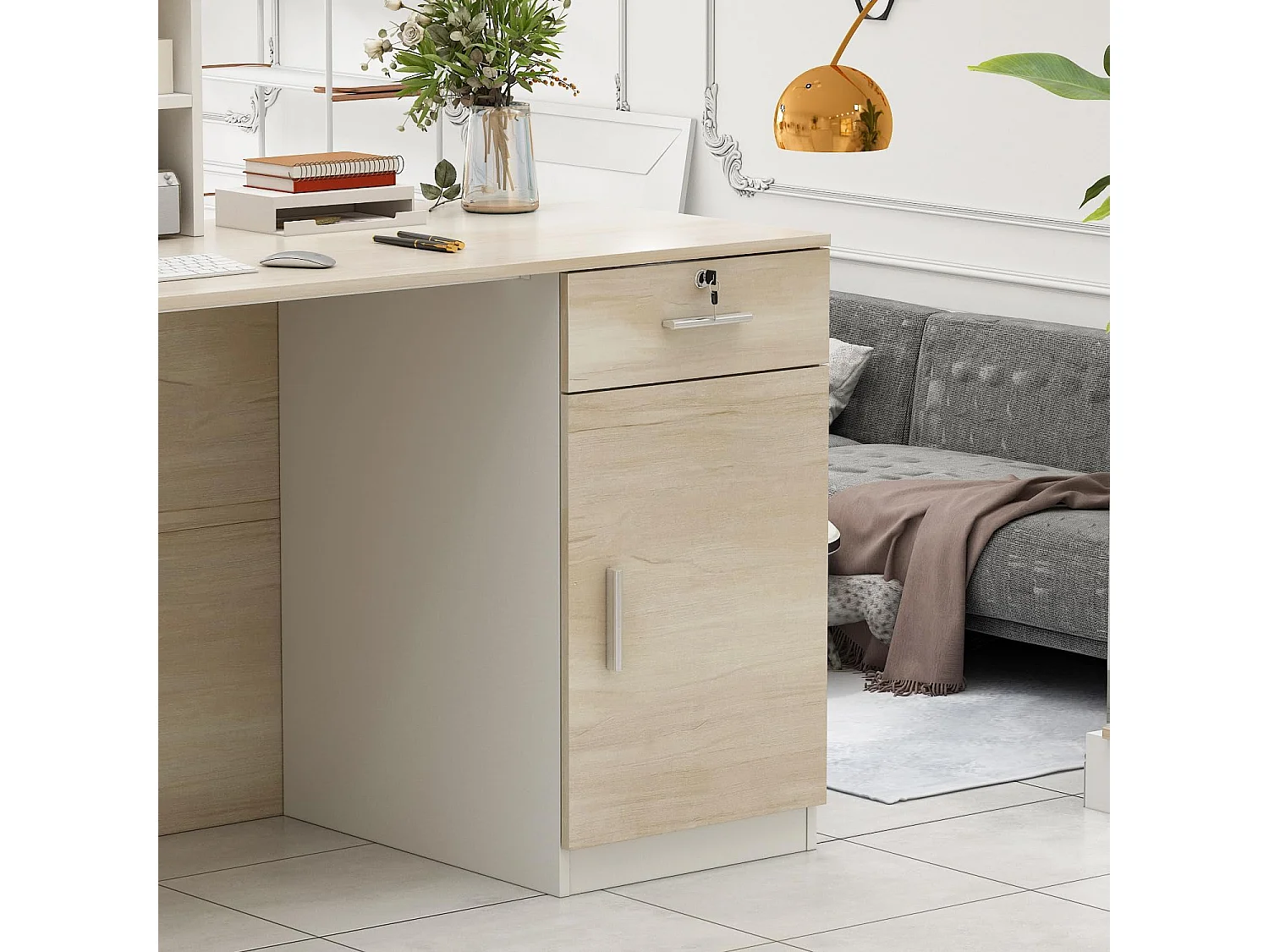 Comptoir de réception avec compartiments ouverts Tiroir verrouillable étagères Salon Bureau Bois&Blanc 140x60x110cm