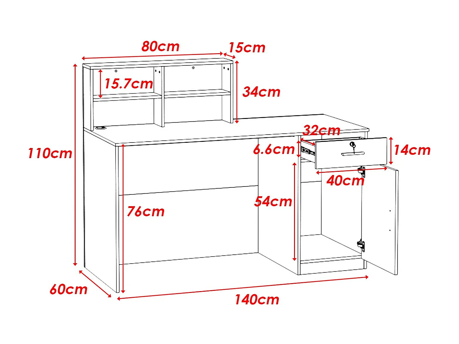 Comptoir de réception avec compartiments ouverts Tiroir verrouillable étagères Salon Bureau Bois&Blanc 140x60x110cm