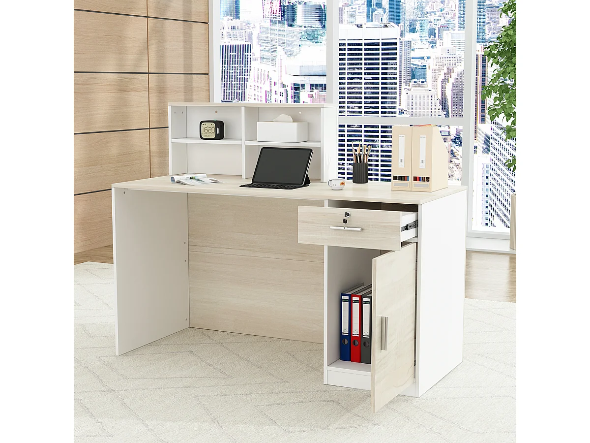 Bureau d'accueil avec rangement,Comptoir de réception,Tiroirs et armoires verrouillables,Salon,Lobby Blanc,121x60x110cm