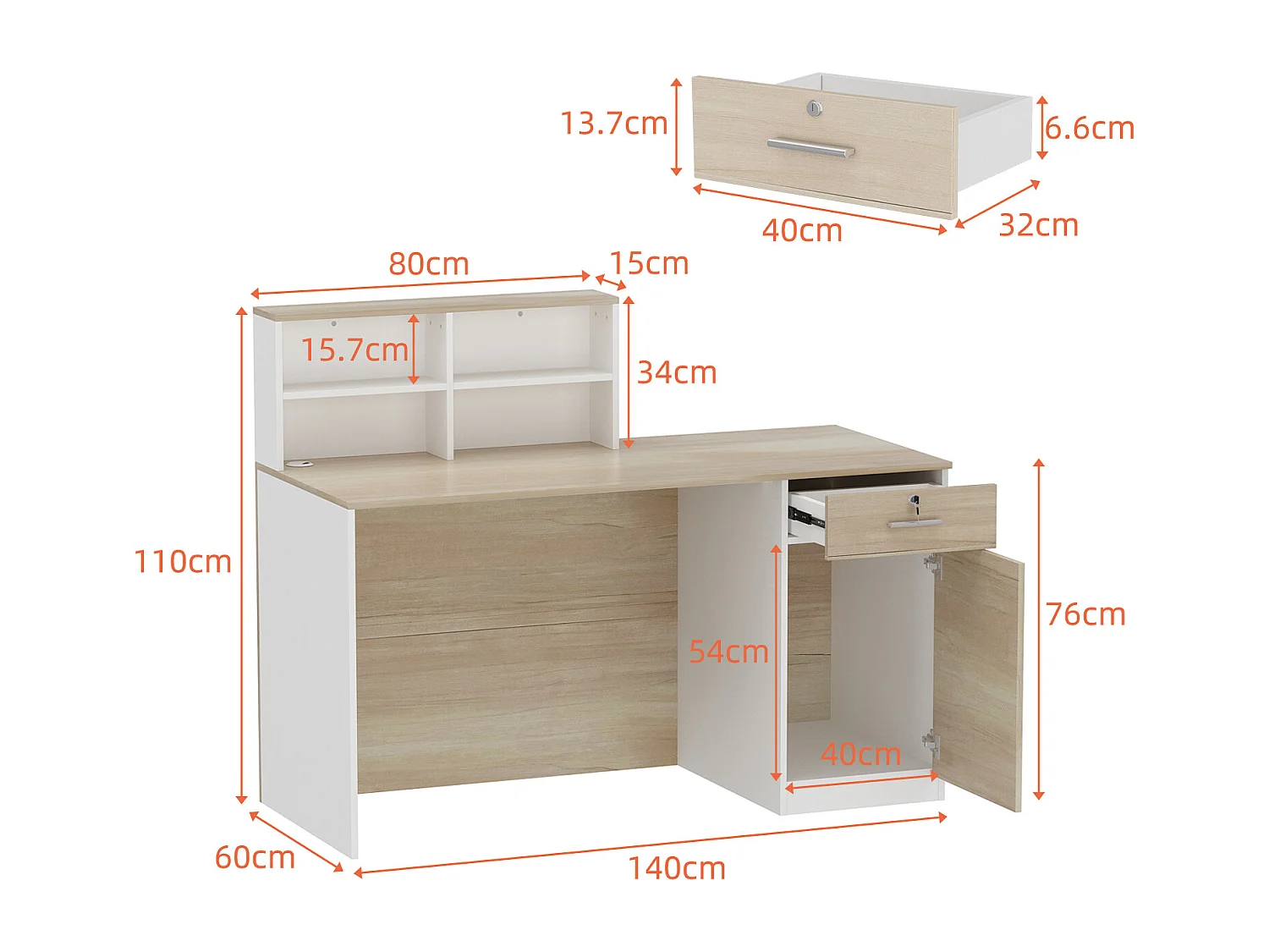 Bureau d'accueil avec rangement,Comptoir de réception,Tiroirs et armoires verrouillables,Salon,Lobby Blanc,121x60x110cm
