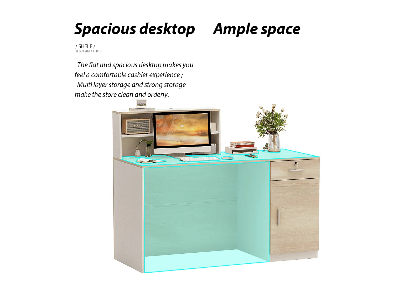 Bureau d'accueil avec rangement,Comptoir de réception,Tiroirs et armoires verrouillables,Salon,Lobby Blanc,121x60x110cm