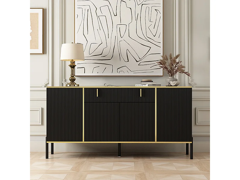 Buffet de Salon avec 4 Portes et 1 Tiroir, Meuble de Rangement avec Pieds en Métal , Salon Chambre Bureau, 160x40x80cm, Noir