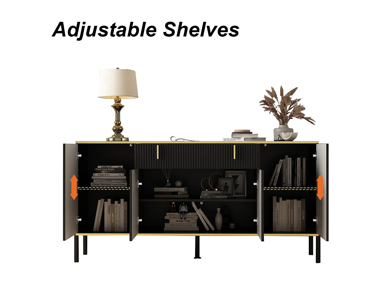 Buffet de Salon avec 4 Portes et 1 Tiroir, Meuble de Rangement avec Pieds en Métal , Salon Chambre Bureau, 160x40x80cm, Noir