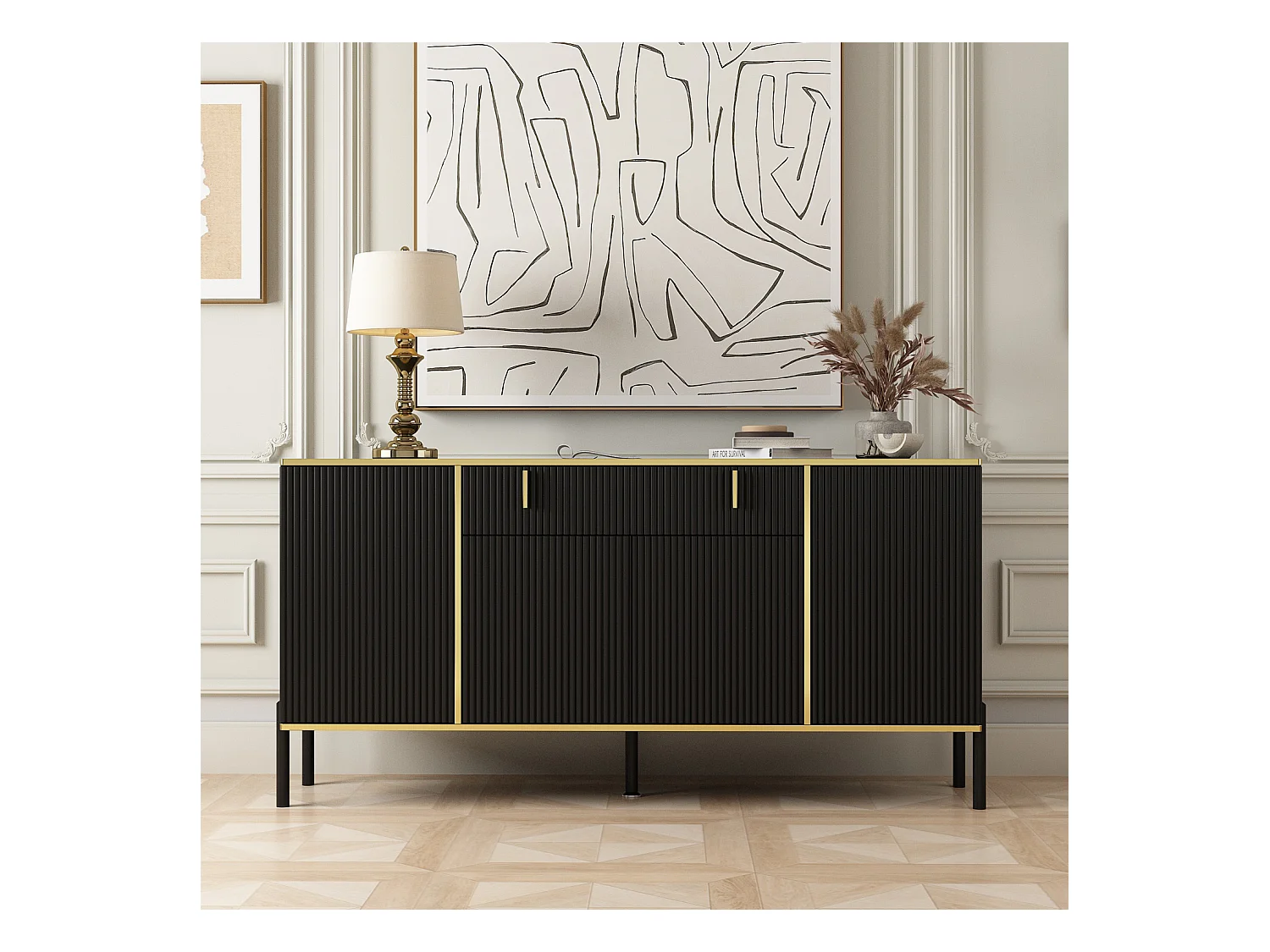 Buffet de Salon avec 4 Portes et 1 Tiroir, Meuble de Rangement avec Pieds en Métal , Salon Chambre Bureau, 160x40x80cm, Noir