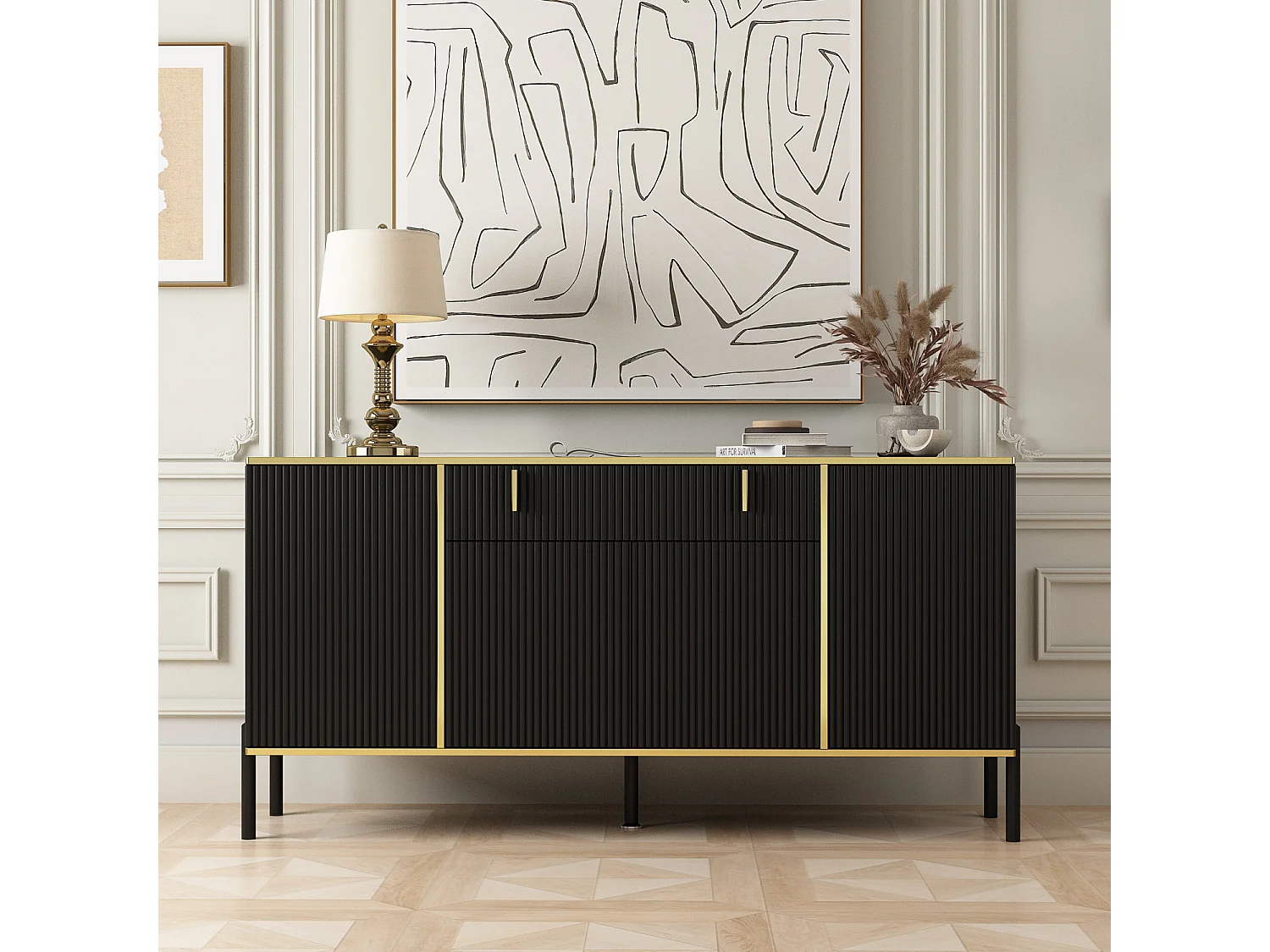 Buffet de Salon avec 4 Portes et 1 Tiroir, Meuble de Rangement avec Pieds en Métal , Salon Chambre Bureau, 160x40x80cm, Noir