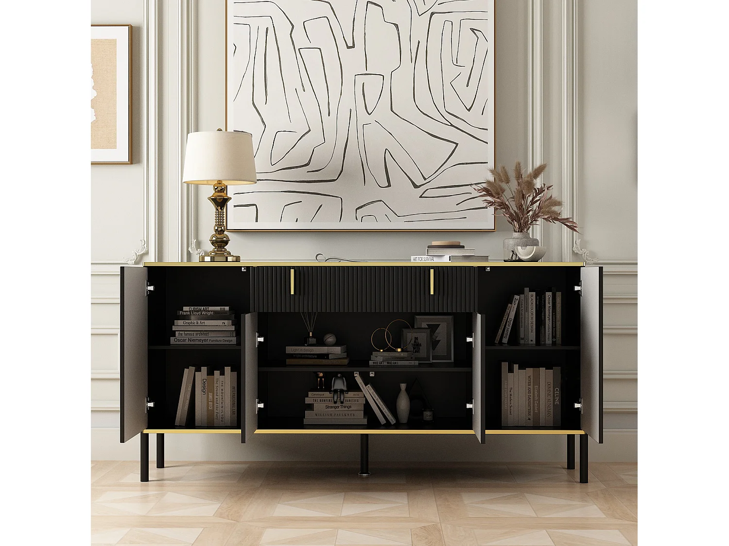 Buffet de Salon avec 4 Portes et 1 Tiroir, Meuble de Rangement avec Pieds en Métal , Salon Chambre Bureau, 160x40x80cm, Noir
